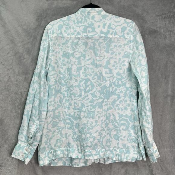 Charter Club Button-Up Linen Shirt Womens Sz 14‎ Floral Roll Tab Sleeve Coastal - Picture 2 of 14